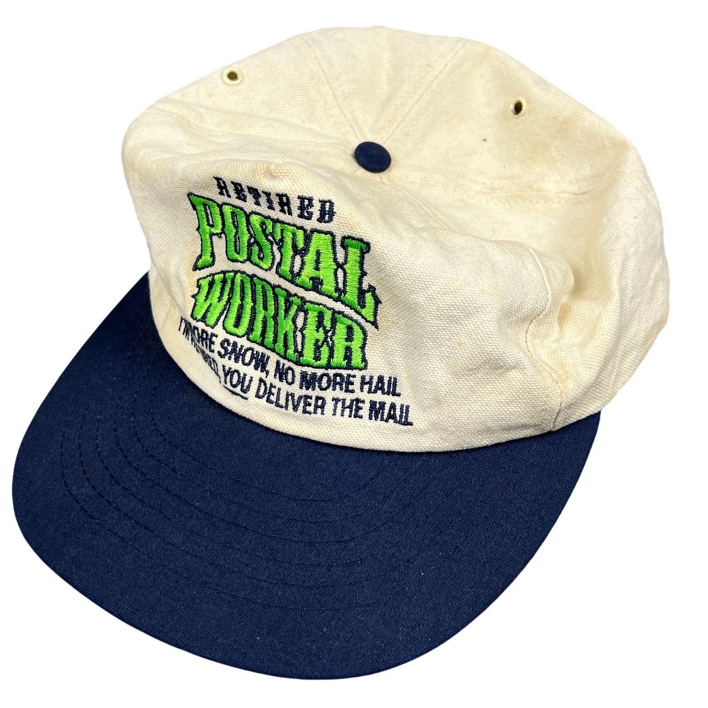 Vintage Retired Postal Worker Hat Cap Beige Navy Blue Embroidered Made in USA‎
